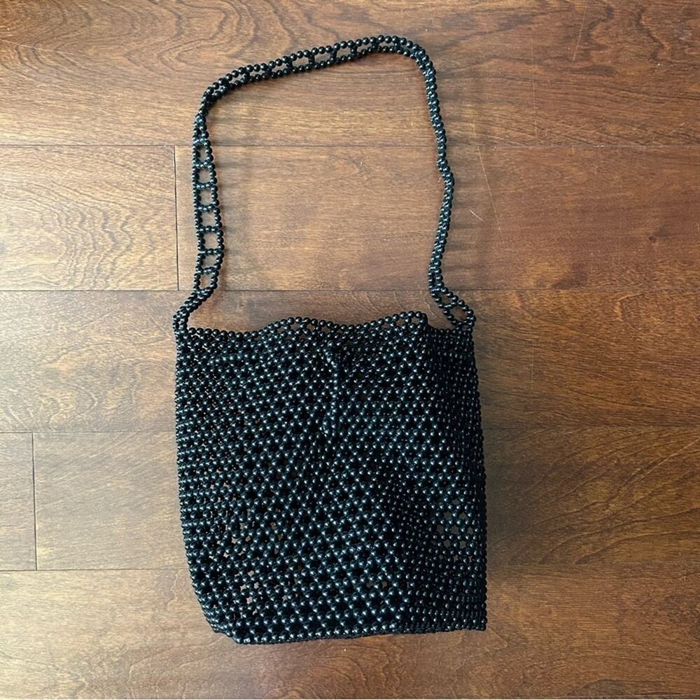 Vintage Black Beaded Bucket Shoulder Bag w/ Drawstring Closure, Perfect for Fall